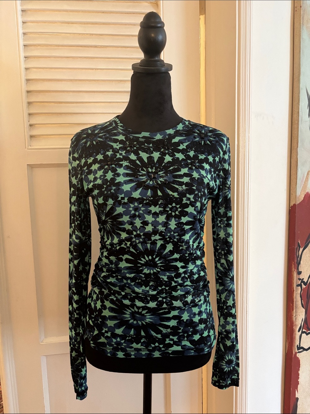 KAY UNGER Unique all-over print, embellished mesh top.